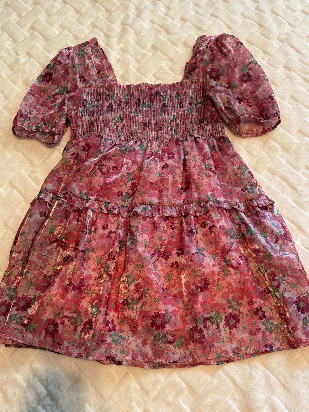 Very J Pink Floral Smocked Garden Party/Wedding/Date Square-Neck Mini Dress-EUC - Picture 3 of 11